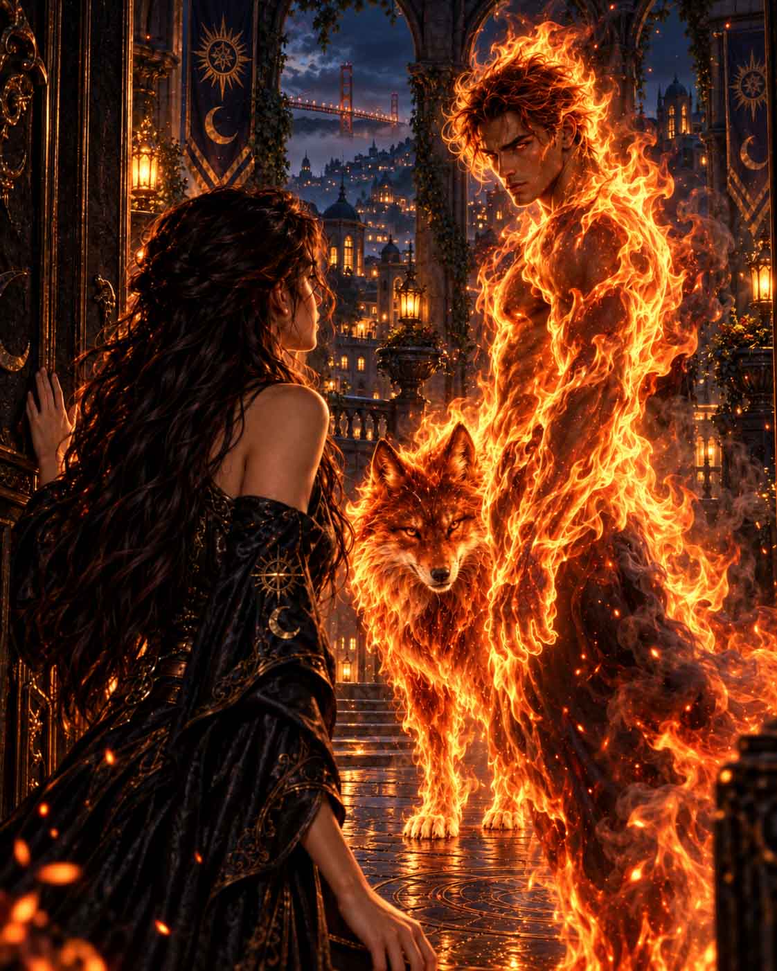 Teresa discovers a mysterious young man made of living fire beside a fiery wolf spirit.