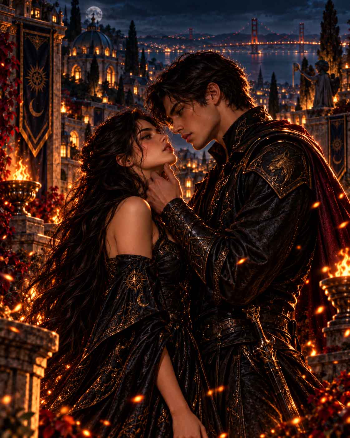 Teresa and Ayden caught in an intense enemies-to-lovers moment against the lights of San Francisco.